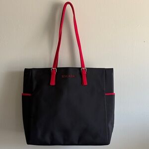 Escada Black Tote Red Straps Large Structured Work Bag Chic